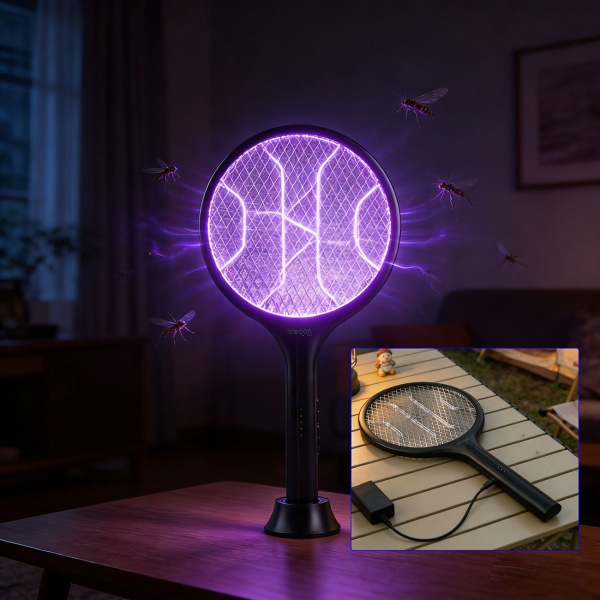 Elektrische Fliegenklatsche mit Akku & UV-Licht - Mückenfänger für optionalen stationären Betrieb, mit Schutzgitter & USB-C Anschluss