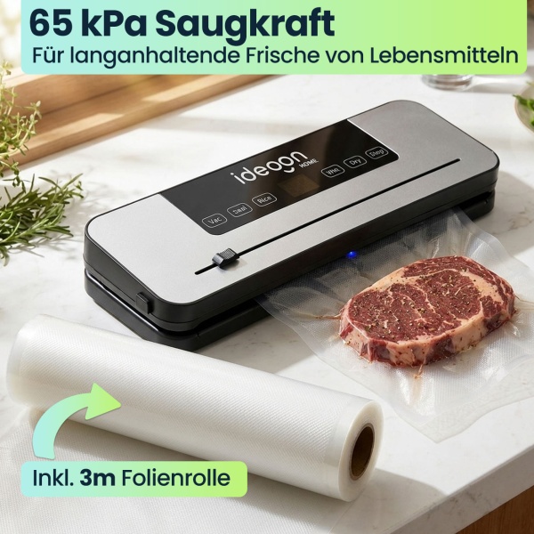 Vakuumiergerät 120W mit Touchscreen & grossem Display - Inklusive 3m Folienrolle, 65 kPa Saugkraft & einfacher Bedienung für langanhaltende Frische