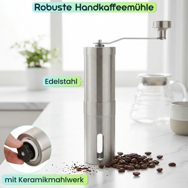 Robuste Handkaffeemühle Edelstahl mit Keramikmahlwerk, stufenlose Mahlgrad-Einstellung, abnehmbarer Griff, Kaffeemühle manuell für Espresso & Filterkaffee