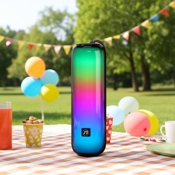 Starker Bluetooth 5.3 Partylautsprecher – Mobile Boombox mit kraftvollem Sound, FM-Radio, USB/MicroSD & bunter Lichtshow für Feste & Outdoor-Einsatz