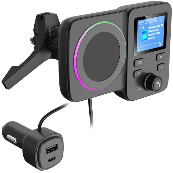DAB+ FM Transmitter Auto Adapter – Bluetooth Freisprecheinrichtung, Qi 15W Schnell-Laden & Magnet-Halter – Dual USB QC 3.0/PD & TFT-Display