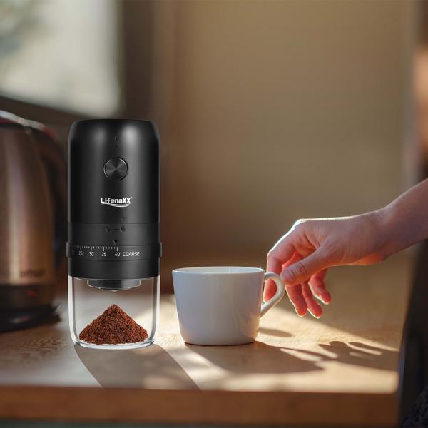 Mobile Elektrische Kaffeemühle – Konisches Keramik Mahlwerk, präzise einstellbar für den perfekten Espresso - Kabellos, USB-C Akku-Betrieb