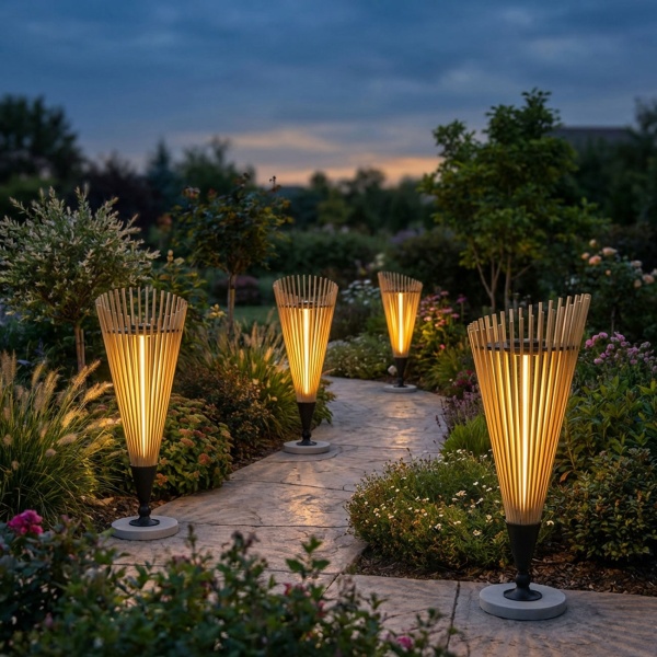 4er-Set Dekorative Solar-Laterne 60cm aus Bambus: Moderne Solarleuchte für den Garten mit stimmungsvollem Licht, wetterfest IP44