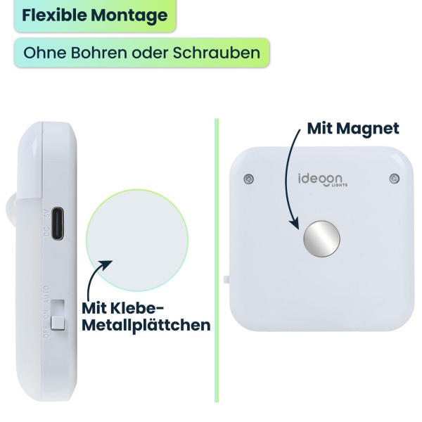2er-Set LED Nachtlicht, Bewegungssensor: Akku Schrankleuchte, USB aufladbar, selbstklebend & magnetisch – Ideal als Treppenlicht & für Kleiderschrank