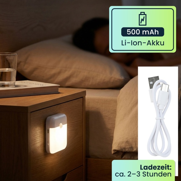 4er-Set LED Nachtlicht, Bewegungssensor: Akku Schrankleuchte, USB aufladbar, selbstklebend & magnetisch – Ideal als Treppenlicht & für Kleiderschrank