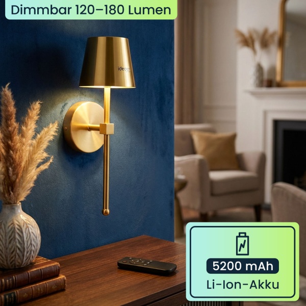 2er-Set Elegante LED Wandleuchte kabellos mit Fernbedienung: Akku Wandlampe dimmbar in Gold, USB aufladbar mit Timer & Touch-Sensor