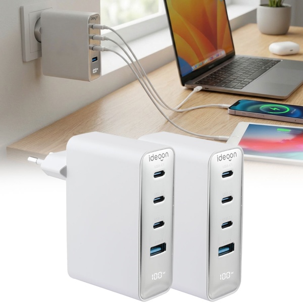 2er-Set 100W GaN III USB-Ladegerät mit 4 Ports, 3x USB-C & 1x USB-A, Schnellladegerät mit LED-Display, PD, feuerfestes Gehäuse, für Laptop und Handy
