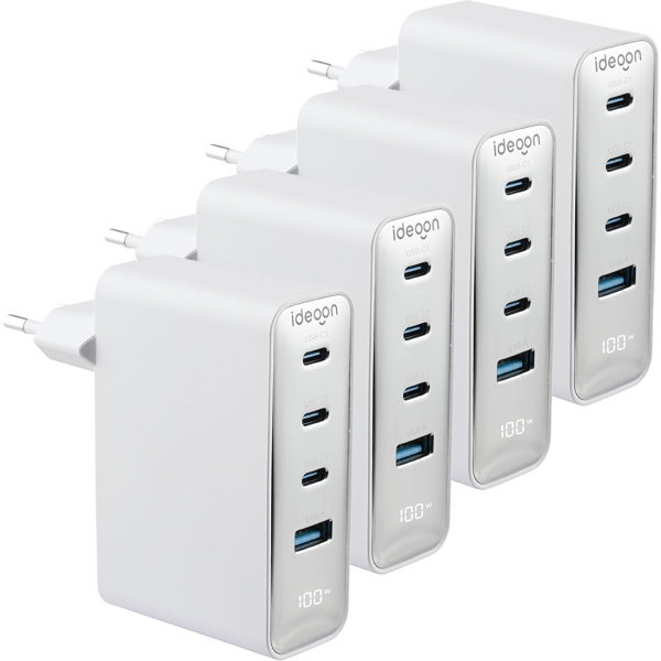 4er-Set 100W GaN III USB-Ladegerät mit 4 Ports, 3x USB-C & 1x USB-A, Schnellladegerät mit LED-Display, PD, feuerfestes Gehäuse, für Laptop und Handy