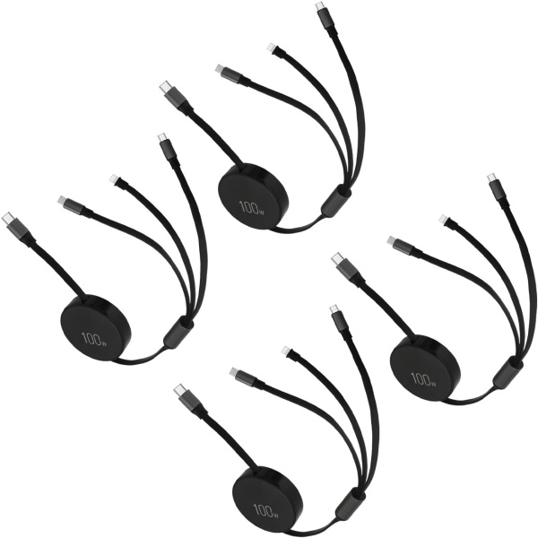 4er-Set 3in1 Roll-Ladekabel: 100W Power für Android & iPhone. 1m ausziehbar, extrem robust & ohne Kabelsalat - USB-C Lightning Micro Schnellladekabel