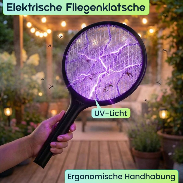 2er-Set Elektrische Fliegenklatsche mit Akku & UV-Licht - Mückenfänger für optionalen stationären Betrieb, mit Schutzgitter & USB-C Anschluss