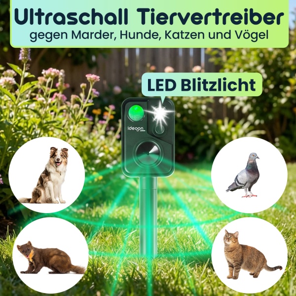 4er-Set Ultraschall Tiervertreiber mit PIR-Sensor & LED Blitzlicht - 13,5-45,5 Hz, Zuverlässiger Solar-Tierschreck gegen Marder, Hunde und Katzen, Vögel