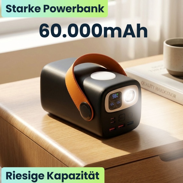 Starke Powerbank 60000mAh, 100W, USB-C PD Externer Akku: Mobiles Ladegerät mit LED Lampe für Laptop, Notebook, Smartphone - Schnelles Laden