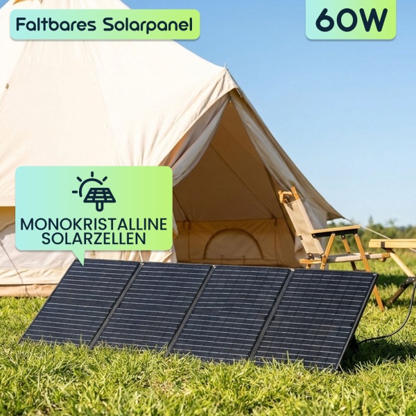 Faltbares Solarpanel 60W Monokristallin - Tragbares Solarladegerät IP65 mit MC4-komp. Stecker, DC Adapter, Ösen & Karabinern für Camping
