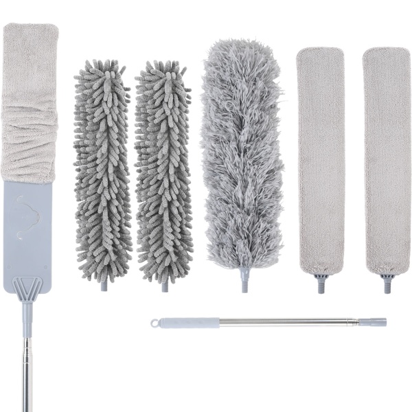 Profi 5in1 Staubwedel Set mit Teleskopstange 210cm ausziehbar, biegsame Mikrofaser Staubwischer für Deckenventilatoren, Möbel & hohe Ecken