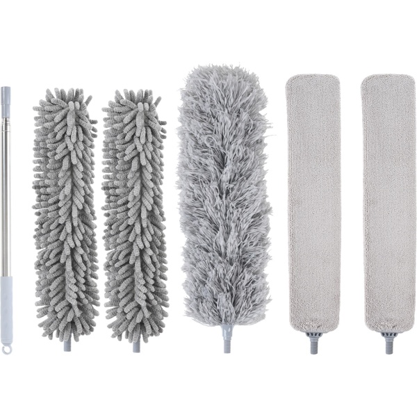 Profi 5in1 Staubwedel Set mit Teleskopstange 210cm ausziehbar, biegsame Mikrofaser Staubwischer für Deckenventilatoren, Möbel & hohe Ecken
