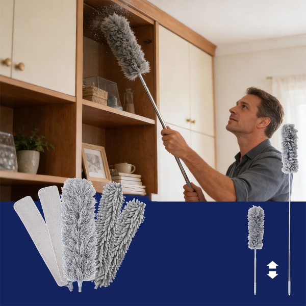 Profi 5in1 Staubwedel Set mit Teleskopstange 210cm ausziehbar, biegsame Mikrofaser Staubwischer für Deckenventilatoren, Möbel & hohe Ecken