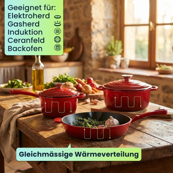 Profi Gusseisen Topfset 3-teilig, Set aus Pfanne, Kochtopf und Stielkasserolle, Emailliertes Kochgeschirr für alle Herdarten, Induktion & Backofen