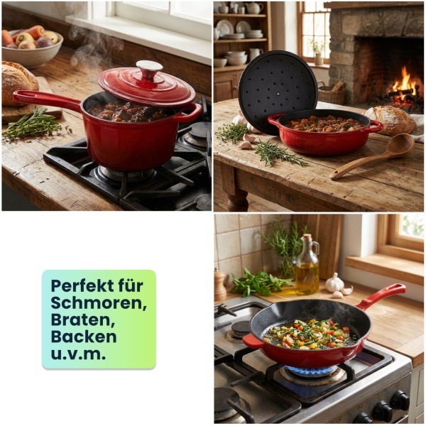Profi Gusseisen Topfset 3-teilig, Set aus Pfanne, Kochtopf und Stielkasserolle, Emailliertes Kochgeschirr für alle Herdarten, Induktion & Backofen