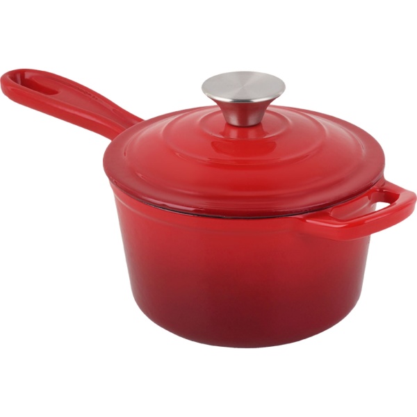 Gusseisen Stielkasserolle mit Deckel Rot, Ø 17cm, 1,6 Liter Volumen, hochwertiger Saucentopf für alle Herdarten & Induktion, 17x10 cm, 2,65kg