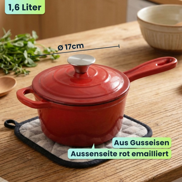 Gusseisen Stielkasserolle mit Deckel Rot, Ø 17cm, 1,6 Liter Volumen, hochwertiger Saucentopf für alle Herdarten & Induktion, 17x10 cm, 2,65kg