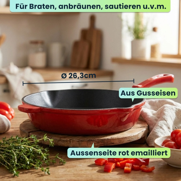 Gusseisen Pfanne Rot Ø 26,3 cm mit Ausgiesser, hochwertige Bratpfanne aus Guss für Induktion, Grillpfanne emailliert für Fleisch und Gemüse, 26 cm