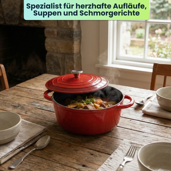 Gusseisen Topf mit Deckel 22cm Rund, Emaillierter Schmortopf 2,2L Rot, Bräter für alle Herdarten wie Induktion, Backofenfestes Kochgeschirr Profi