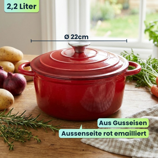 Gusseisen Topf mit Deckel 22cm Rund, Emaillierter Schmortopf 2,2L Rot, Bräter für alle Herdarten wie Induktion, Backofenfestes Kochgeschirr Profi