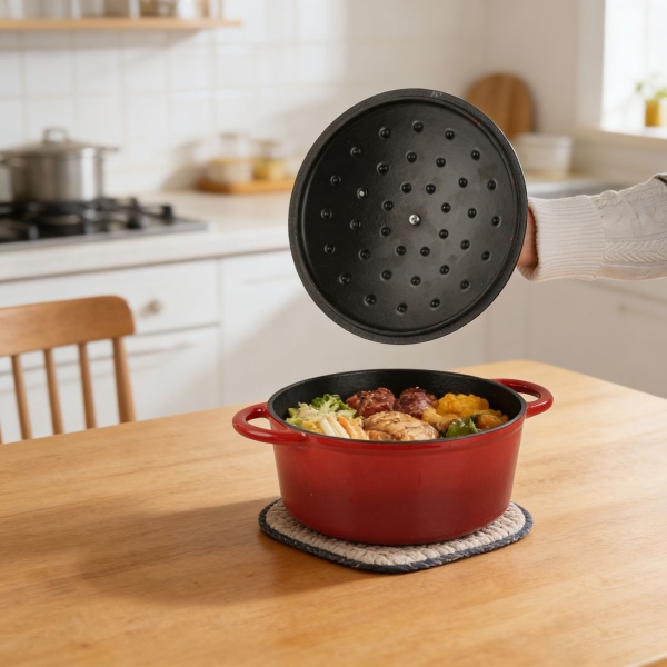 Gusseisen Topf mit Deckel 22cm Rund, Emaillierter Schmortopf 2,2L Rot, Bräter für alle Herdarten wie Induktion, Backofenfestes Kochgeschirr Profi