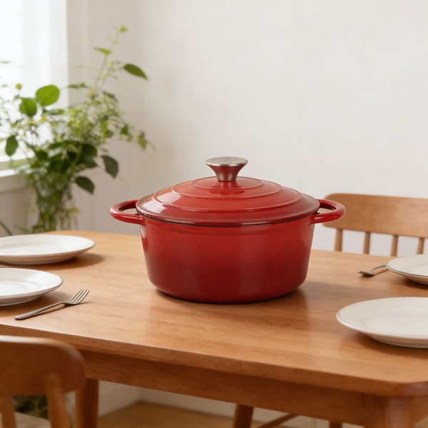 Gusseisen Topf mit Deckel 22cm Rund, Emaillierter Schmortopf 2,2L Rot, Bräter für alle Herdarten wie Induktion, Backofenfestes Kochgeschirr Profi