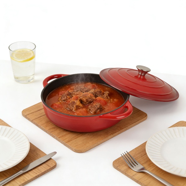 Gusseisen Topf mit Deckel 28cm Rund, Emaillierter Schmortopf 3,24L Rot, Bräter für alle Herdarten wie Induktion, Backofenfestes Kochgeschirr Profi