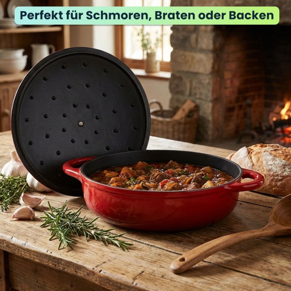 Gusseisen Topf mit Deckel 28cm Rund, Emaillierter Schmortopf 3,24L Rot, Bräter für alle Herdarten wie Induktion, Backofenfestes Kochgeschirr Profi