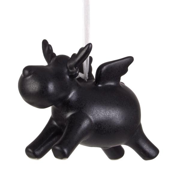 Deko Rentier Porzellan schwarz mit Flügeln - zum Aufhängen - ideal für Weihnachtsdekoration - langlebig & ästhetisch - 12,5 x 6 x 9 cm