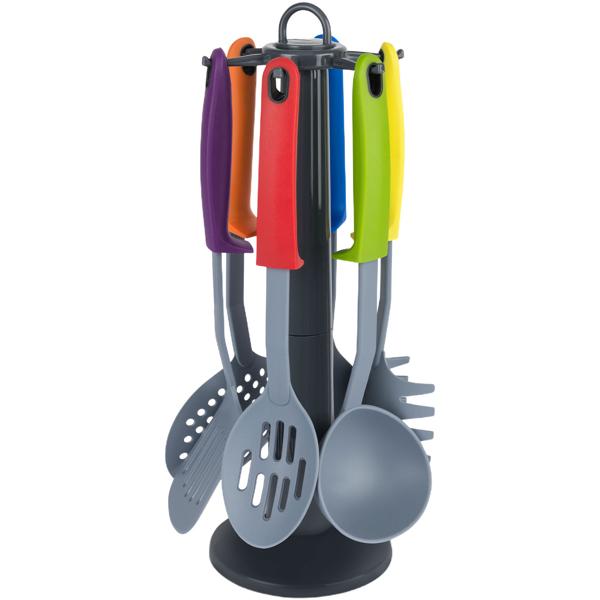 Praktisches Küchenhelfer Set 7-teilig: 6 Küchenwerkzeuge mit stabilem Drehständer, Spülmaschinenfestes Küchenutensil-Set, ergonomische Griffe für Kochen 