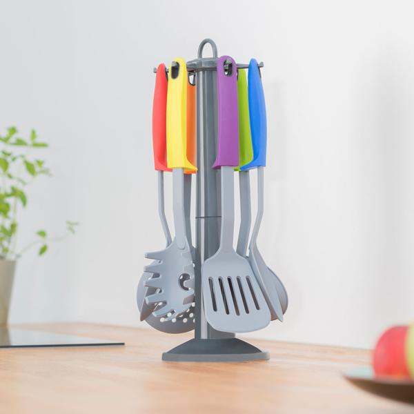 Praktisches Küchenhelfer Set 7-teilig: 6 Küchenwerkzeuge mit stabilem Drehständer, Spülmaschinenfestes Küchenutensil-Set, ergonomische Griffe für Kochen 