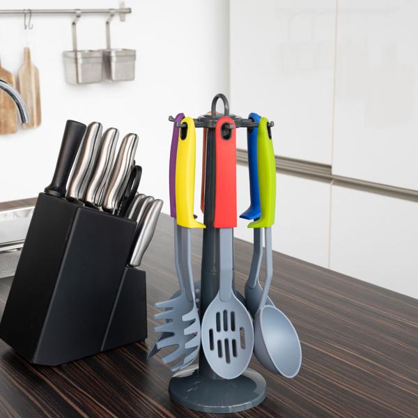 Praktisches Küchenhelfer Set 7-teilig: 6 Küchenwerkzeuge mit stabilem Drehständer, Spülmaschinenfestes Küchenutensil-Set, ergonomische Griffe für Kochen 