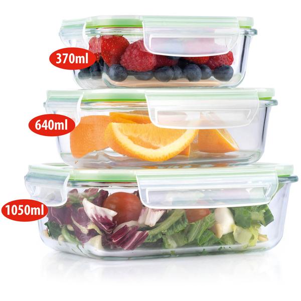 3er-Set Borosilikatglas-Frischhaltedosen 370/640/1050 ml mit Dampfauslass – Auslaufsicher, Luftdicht, Backofen- & Mikrowellenfest, Spülmaschinenfest