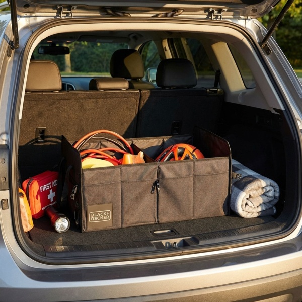 Praktischer Auto Kofferraum-Organizer, stabile Transportbox mit Tragegriff - Perfekt für Shopping, Sport, Werkzeug, Notfall-Kits & viel mehr