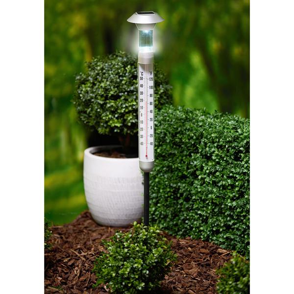 Solar 2-in-1 Thermometer & Leuchte 6-8h Kaltweiss - Dekoratives Erdspiess & Wand-Licht für Terrasse, Balkon & Garten – Beleuchtung & Temperaturanzeige