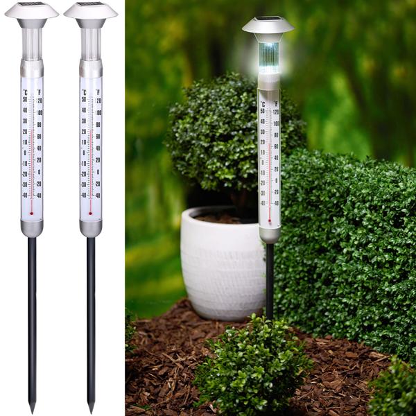 2er-Set Solar 2-in-1 Thermometer & Leuchte 6-8h Kaltweiss - Erdspiess & Wand-Licht für Terrasse, Balkon & Garten – Beleuchtung & Temperaturanzeige