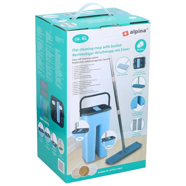 Bodenwischer Set: Eimer 6L mit 2 Fächern & Wischmopp 360°, inkl. 2x Mikrofaser Ersatzbezug - Nass & Trocken Reinigung aller Boden-Typen - Platzsparend