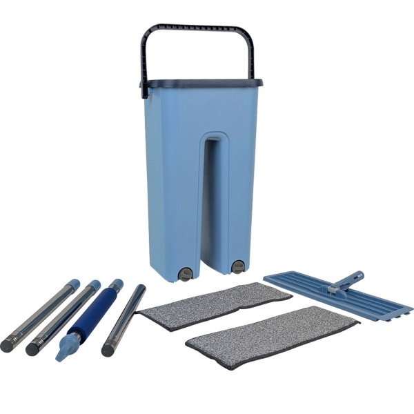 Bodenwischer Set: Eimer 6L mit 2 Fächern & Wischmopp 360°, inkl. 2x Mikrofaser Ersatzbezug - Nass & Trocken Reinigung aller Boden-Typen - Platzsparend