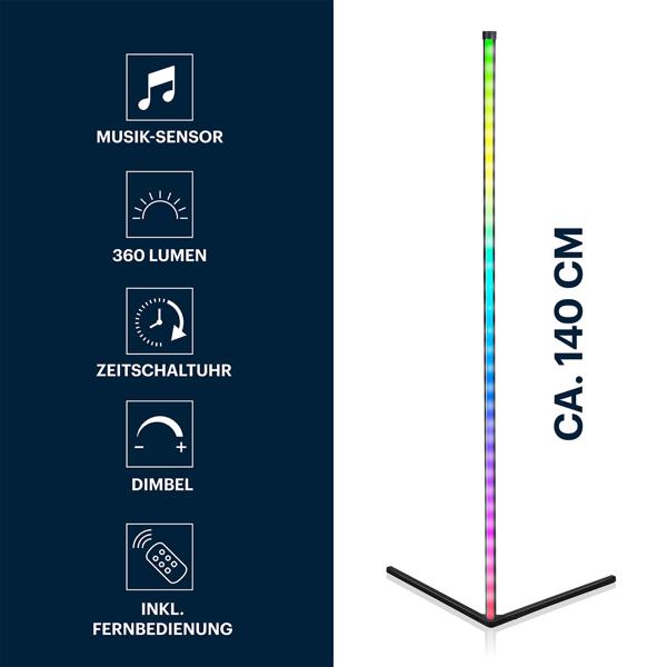 RGB Ecklampe mit dynamischem Musik-Sensor, warmweiss & farbig, 140cm Stehleuchte, Steuerung per Fernbedienung. Perfekt für Wohnzimmer & Gaming
