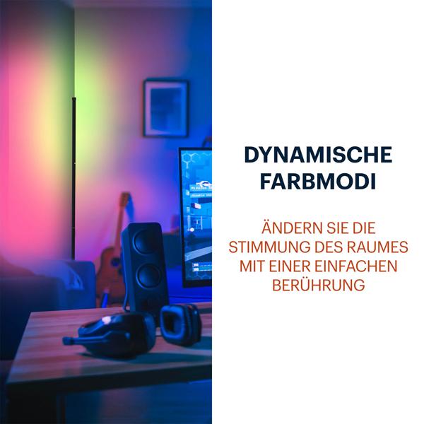 RGB Ecklampe mit dynamischem Musik-Sensor, warmweiss & farbig, 140cm Stehleuchte, Steuerung per Fernbedienung. Perfekt für Wohnzimmer & Gaming