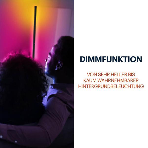 RGB Ecklampe mit dynamischem Musik-Sensor, warmweiss & farbig, 140cm Stehleuchte, Steuerung per Fernbedienung. Perfekt für Wohnzimmer & Gaming