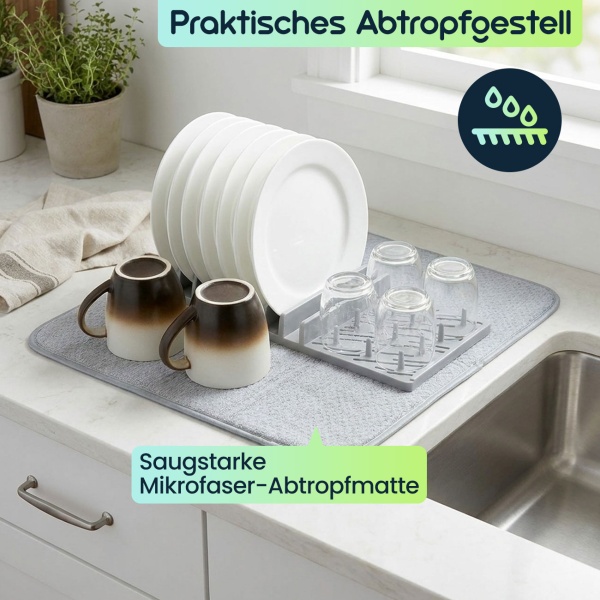Praktisches Abtropfgestell & Saugstarke Mikrofaser-Abtropfmatte, hellgrau – Platzsparendes Abtropftuch Set für schnelles Trocknen von Geschirr