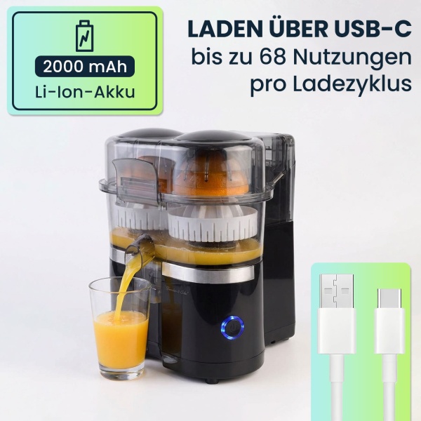 Kabelloser Akku Doppel-Entsafter 120W: Mobile USB-C Saftpresse & Zitruspresse | Effizient & Kompakt für frische Säfte & Smoothies To Go