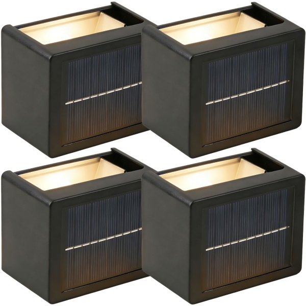 4er Set LED Solar Wandleuchte für Aussen: Warmweiss/Kaltweiss Garten-Lampe mit Akku & Sensor, IP44 Wasserfest, Deko Strahler für Zaun & Wand