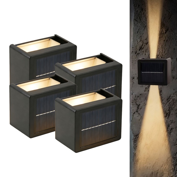 4er Set LED Solar Wandleuchte für Aussen: Warmweiss/Kaltweiss Garten-Lampe mit Akku & Sensor, IP44 Wasserfest, Deko Strahler für Zaun & Wand