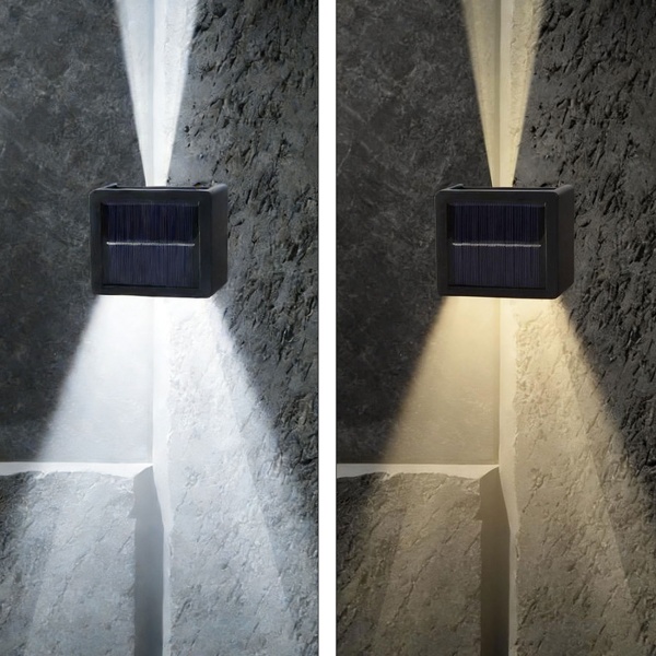 4er Set LED Solar Wandleuchte für Aussen: Warmweiss/Kaltweiss Garten-Lampe mit Akku & Sensor, IP44 Wasserfest, Deko Strahler für Zaun & Wand