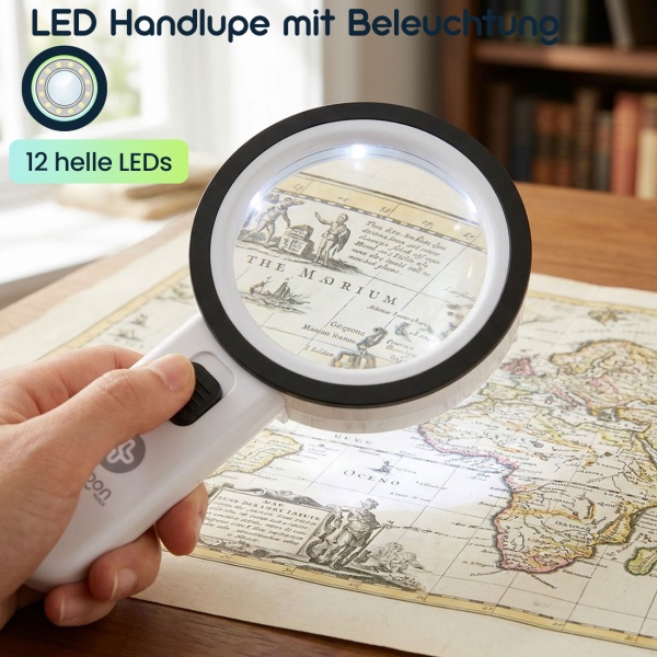 LED Handlupe mit Beleuchtung, 5-fache Vergrösserung, 80mm Glas-Linse, 12 helle LEDs, Ergonomischer Griff mit Schalter, Leselupe für Senioren